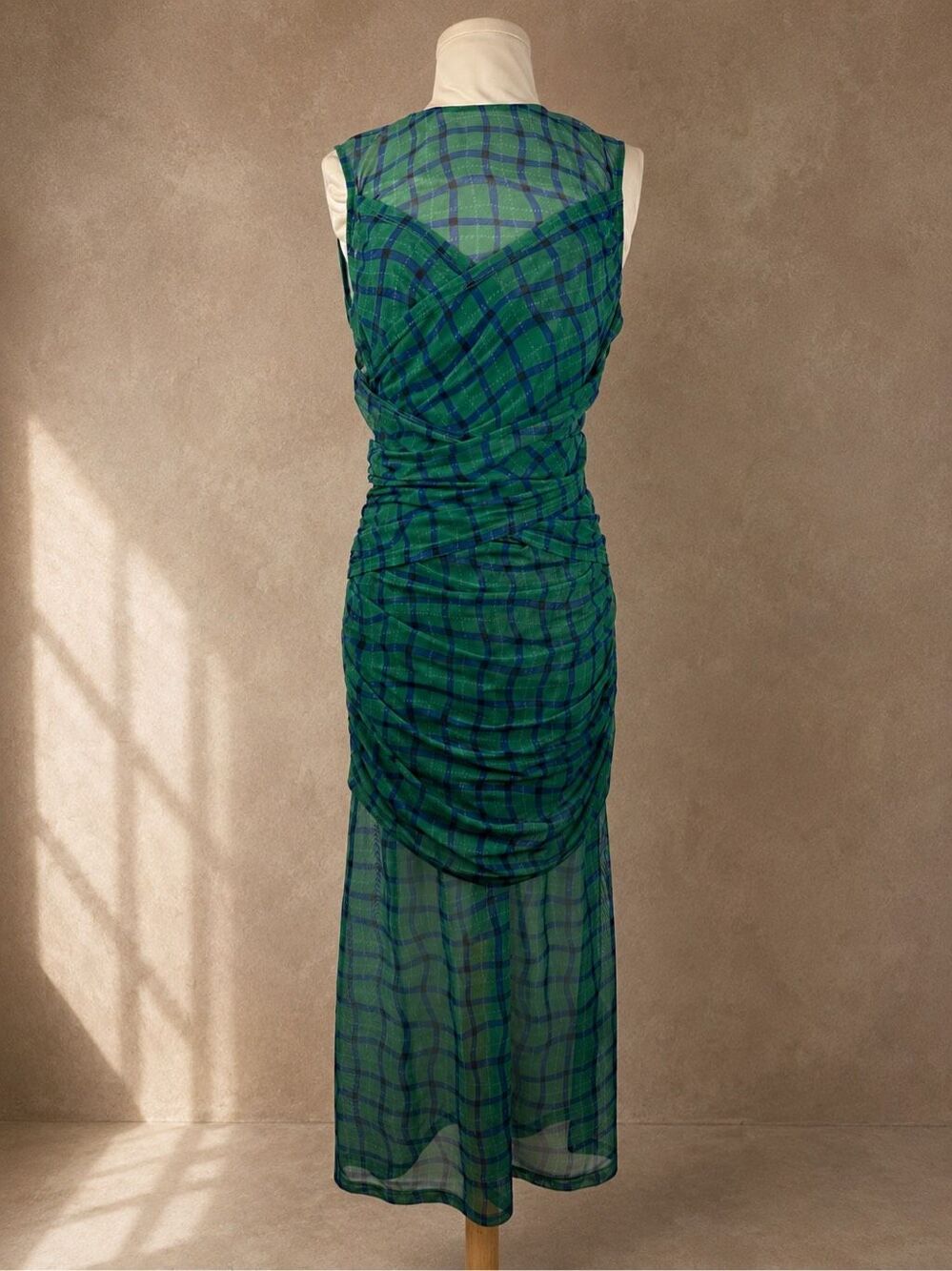 Simon Miller Sz M Kinny Ruched Plaid Mesh Midi Dress Anthropologie Green Blue